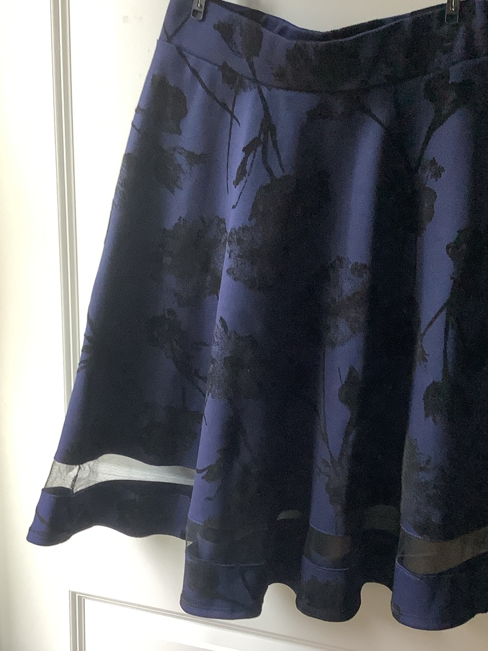 Faith and Joy Navy Blue A-Line Floral Skirt with Sheer Hem